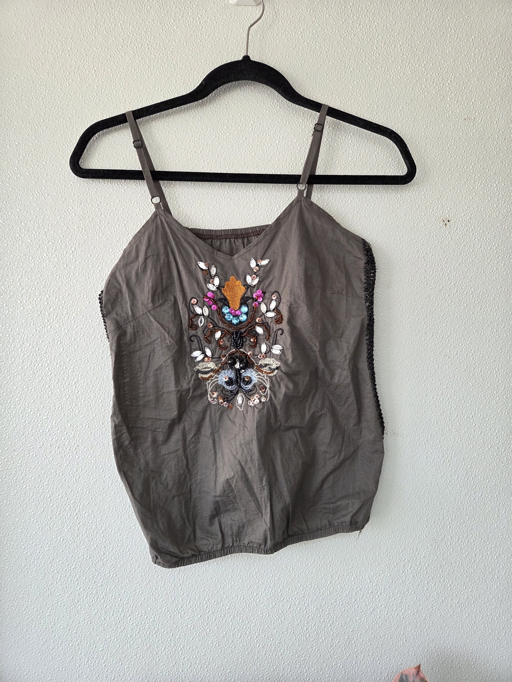 Embroidered Olive Green Spaghetti Strap Women's Tank Top